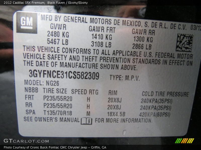 Black Raven / Ebony/Ebony 2012 Cadillac SRX Premium