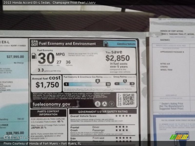 Champagne Frost Pearl / Ivory 2013 Honda Accord EX-L Sedan