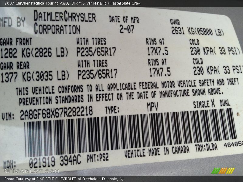 Bright Silver Metallic / Pastel Slate Gray 2007 Chrysler Pacifica Touring AWD