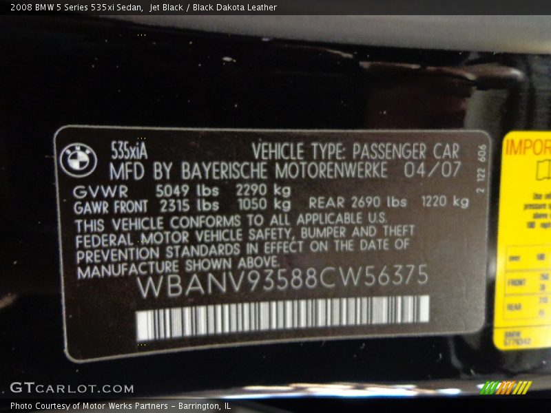 Jet Black / Black Dakota Leather 2008 BMW 5 Series 535xi Sedan