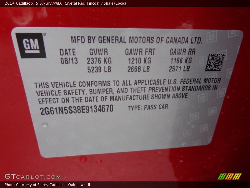 Info Tag of 2014 XTS Luxury AWD