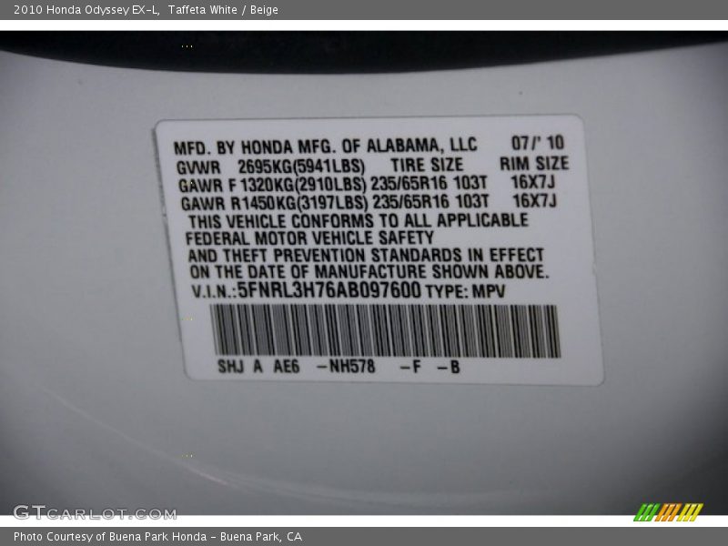 Taffeta White / Beige 2010 Honda Odyssey EX-L