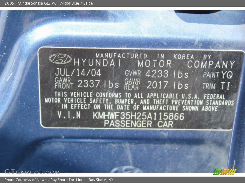Ardor Blue / Beige 2005 Hyundai Sonata GLS V6