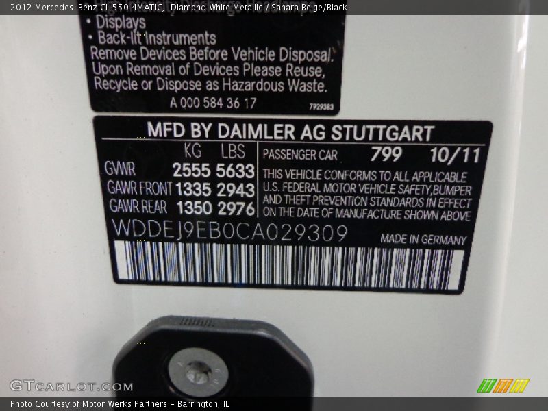 Diamond White Metallic / Sahara Beige/Black 2012 Mercedes-Benz CL 550 4MATIC