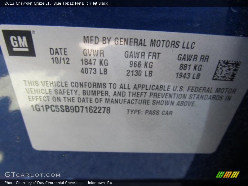 Blue Topaz Metallic / Jet Black 2013 Chevrolet Cruze LT