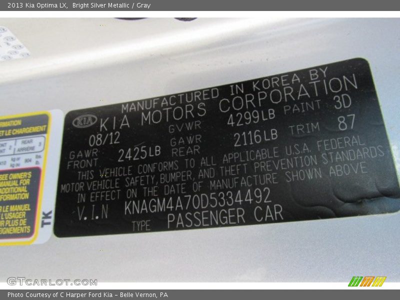 Bright Silver Metallic / Gray 2013 Kia Optima LX