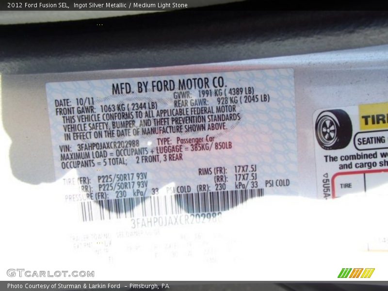 Ingot Silver Metallic / Medium Light Stone 2012 Ford Fusion SEL