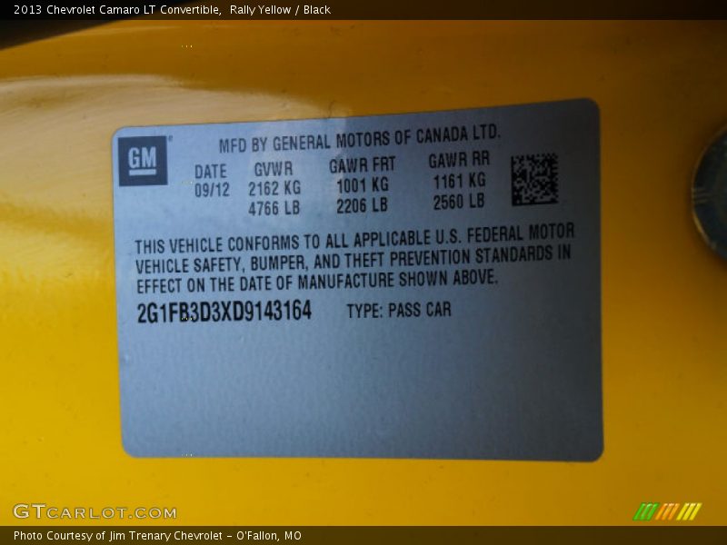 Info Tag of 2013 Camaro LT Convertible