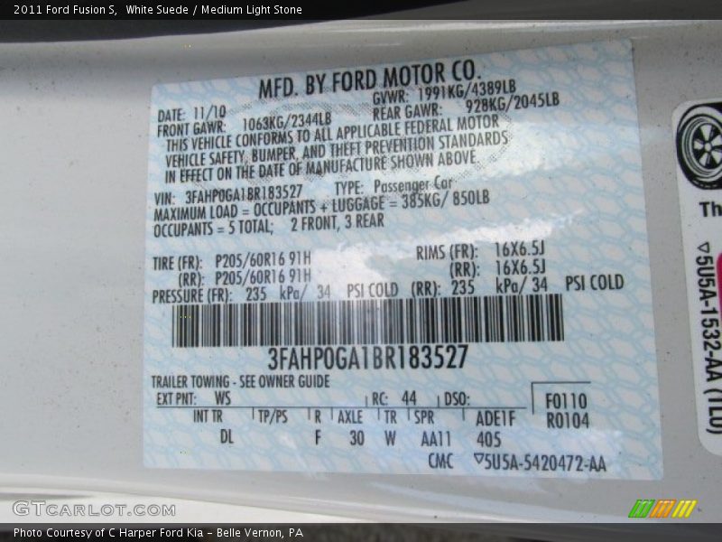 White Suede / Medium Light Stone 2011 Ford Fusion S