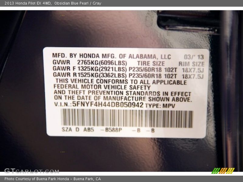 Obsidian Blue Pearl / Gray 2013 Honda Pilot EX 4WD