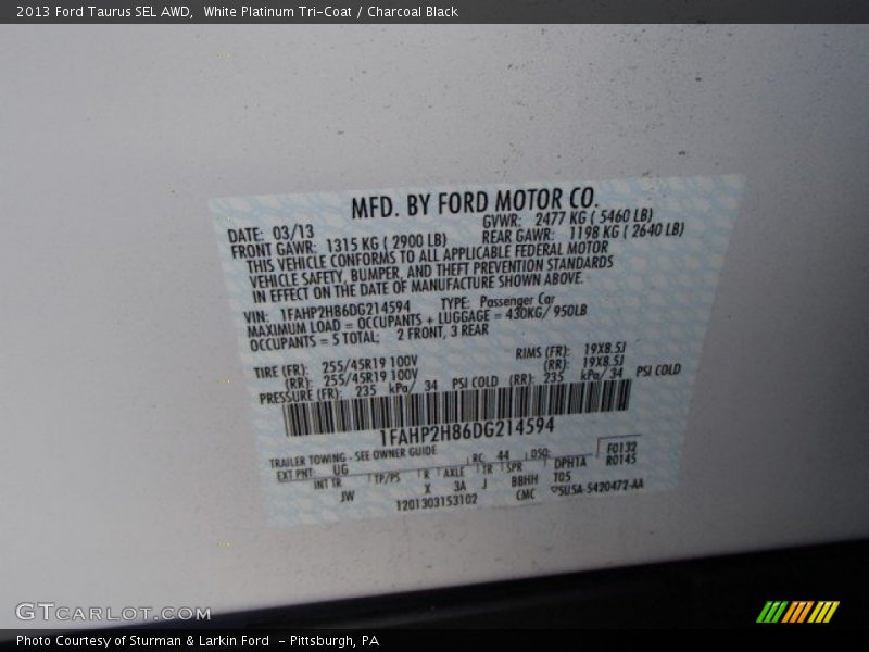 White Platinum Tri-Coat / Charcoal Black 2013 Ford Taurus SEL AWD