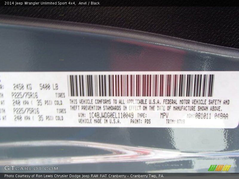 2014 Wrangler Unlimited Sport 4x4 Anvil Color Code PDS
