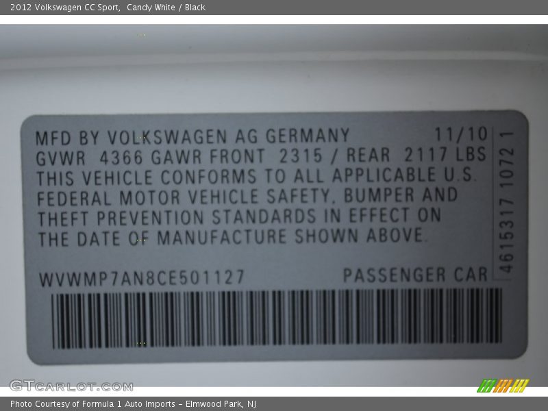 Candy White / Black 2012 Volkswagen CC Sport