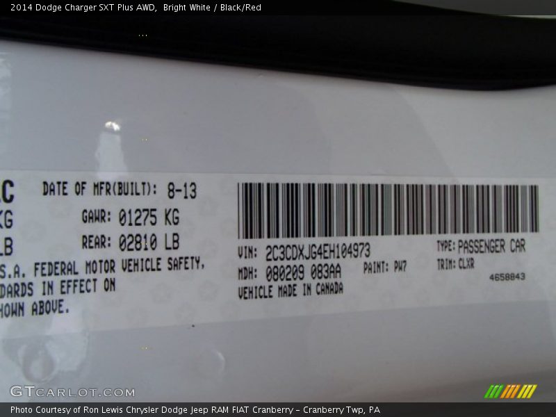 2014 Charger SXT Plus AWD Bright White Color Code PW7