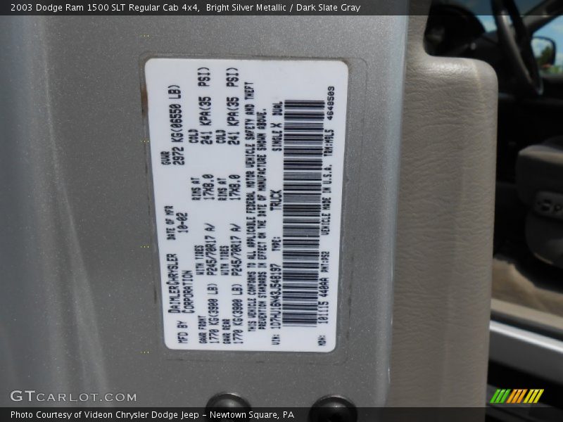 Bright Silver Metallic / Dark Slate Gray 2003 Dodge Ram 1500 SLT Regular Cab 4x4