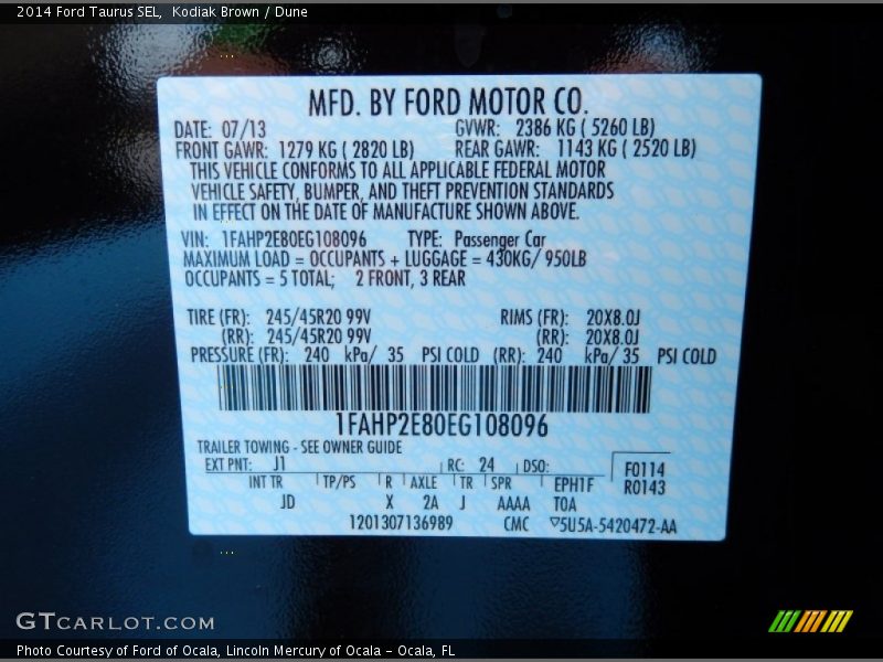 2014 Taurus SEL Kodiak Brown Color Code J1