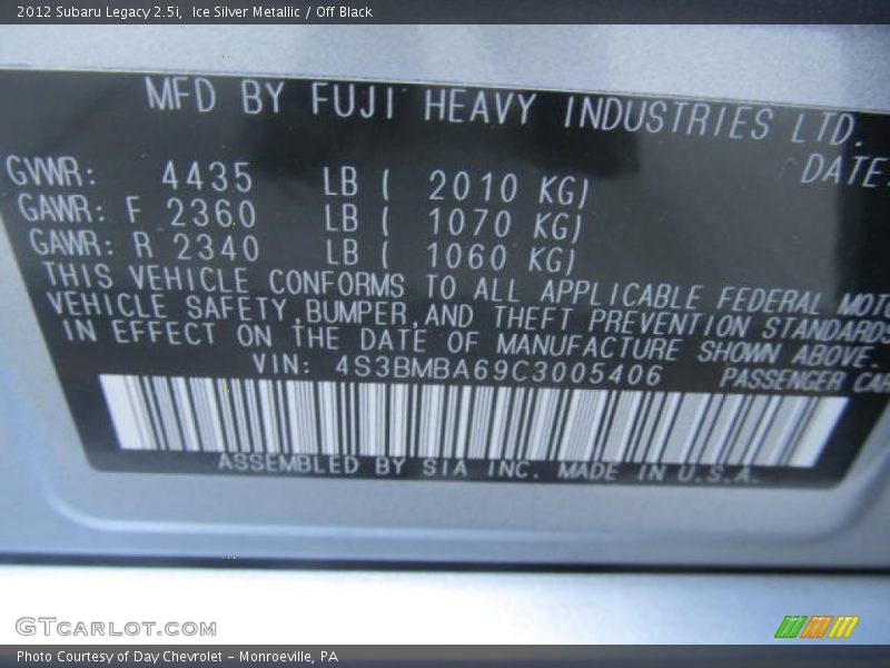 Ice Silver Metallic / Off Black 2012 Subaru Legacy 2.5i