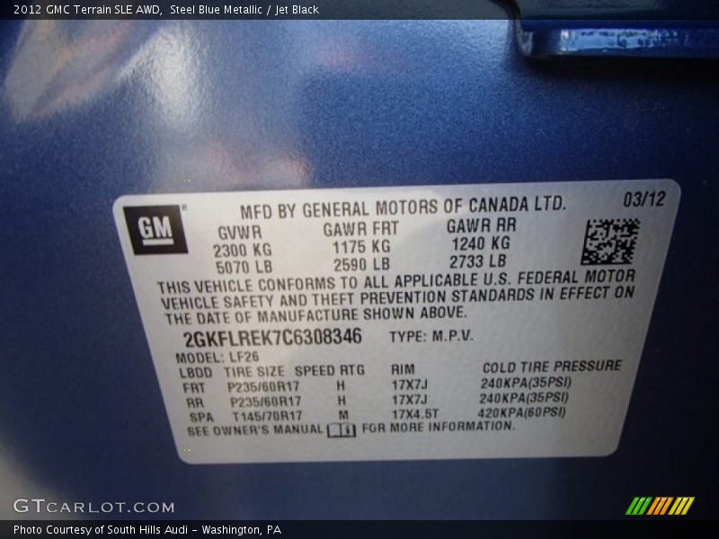 Steel Blue Metallic / Jet Black 2012 GMC Terrain SLE AWD
