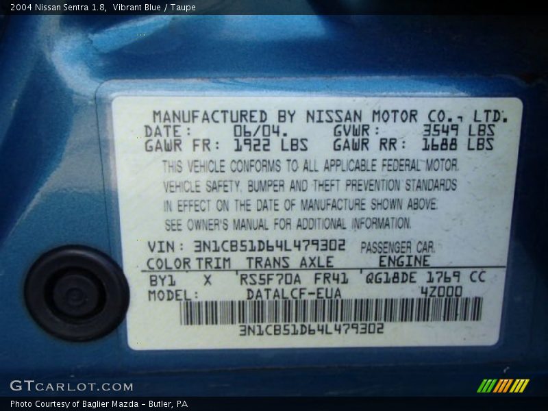 Vibrant Blue / Taupe 2004 Nissan Sentra 1.8