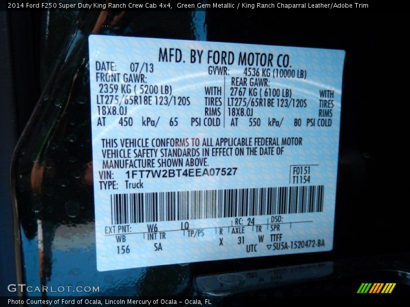 2014 F250 Super Duty King Ranch Crew Cab 4x4 Green Gem Metallic Color Code W6