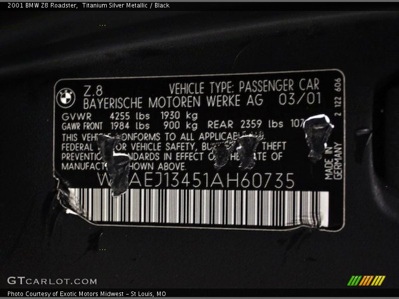 Info Tag of 2001 Z8 Roadster