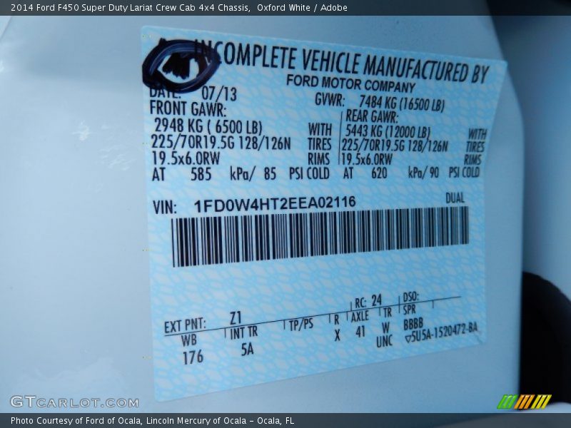 2014 F450 Super Duty Lariat Crew Cab 4x4 Chassis Oxford White Color Code Z1