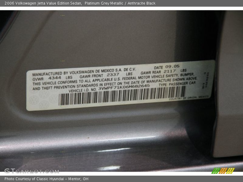 Platinum Grey Metallic / Anthracite Black 2006 Volkswagen Jetta Value Edition Sedan