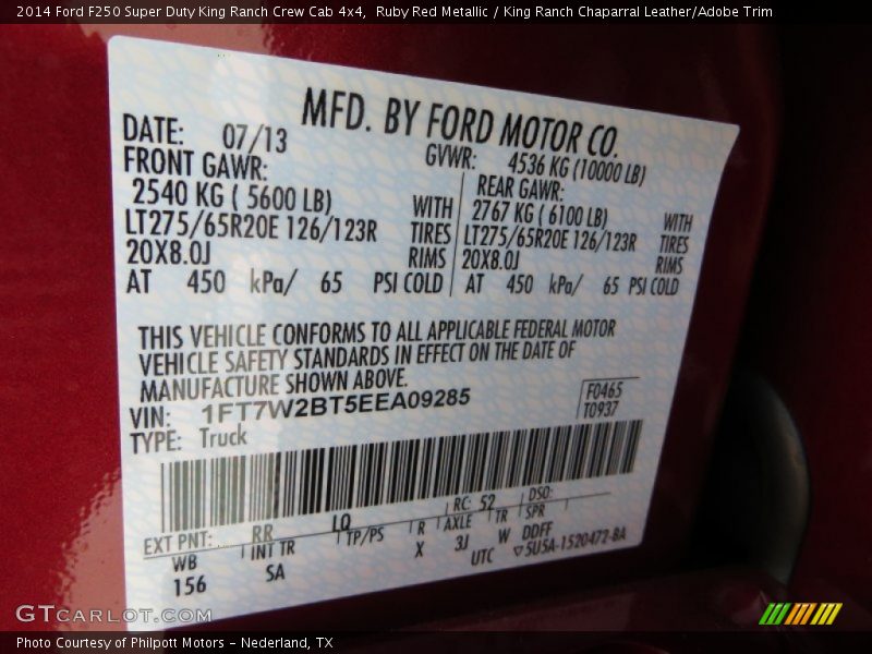 2014 F250 Super Duty King Ranch Crew Cab 4x4 Ruby Red Metallic Color Code RR