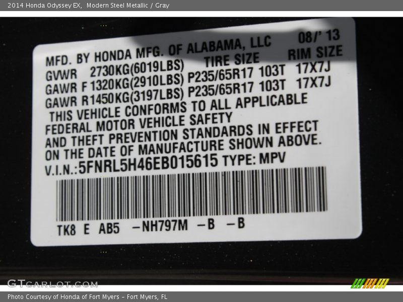 Modern Steel Metallic / Gray 2014 Honda Odyssey EX