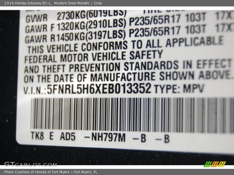 Modern Steel Metallic / Gray 2014 Honda Odyssey EX-L
