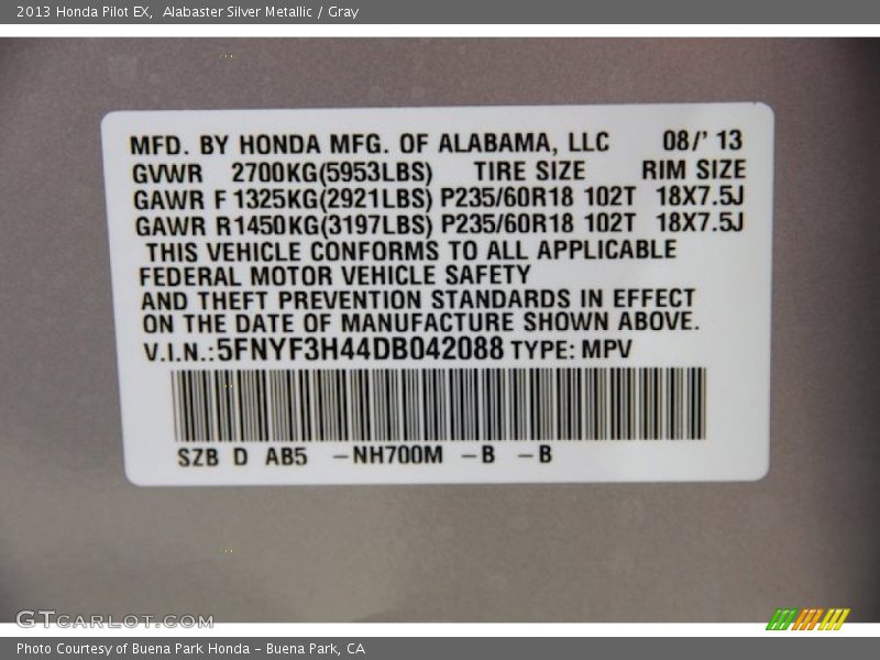 Alabaster Silver Metallic / Gray 2013 Honda Pilot EX