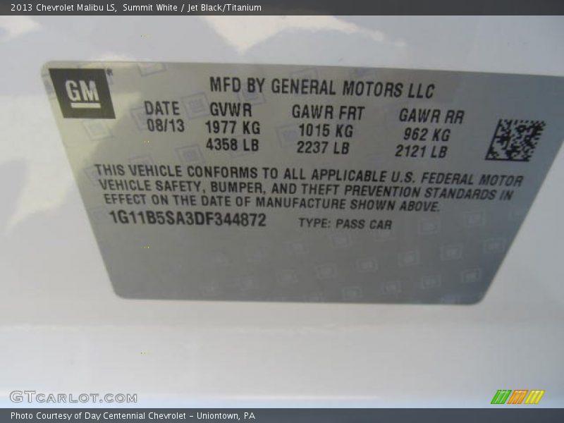 Summit White / Jet Black/Titanium 2013 Chevrolet Malibu LS