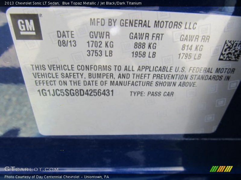 Blue Topaz Metallic / Jet Black/Dark Titanium 2013 Chevrolet Sonic LT Sedan