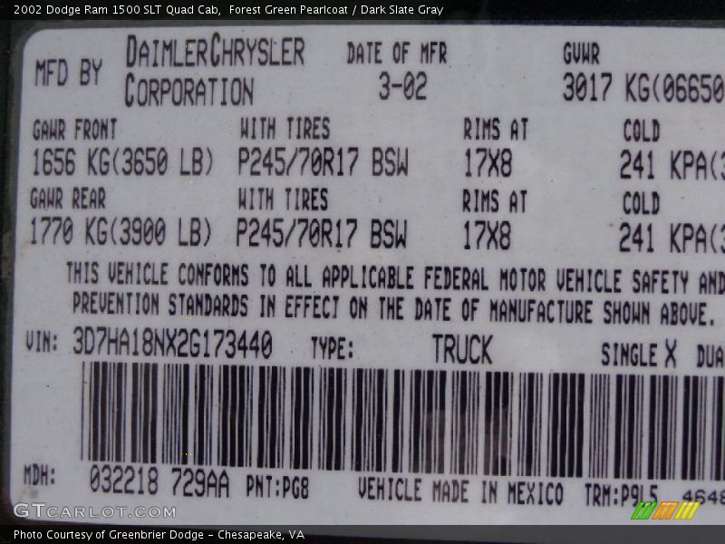 Forest Green Pearlcoat / Dark Slate Gray 2002 Dodge Ram 1500 SLT Quad Cab