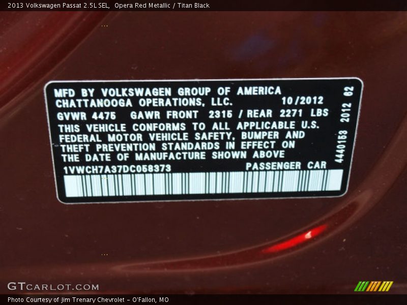 Opera Red Metallic / Titan Black 2013 Volkswagen Passat 2.5L SEL