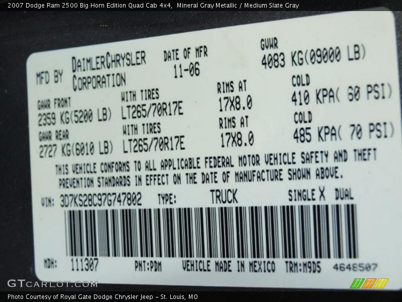 2007 Ram 2500 Big Horn Edition Quad Cab 4x4 Mineral Gray Metallic Color Code PDM