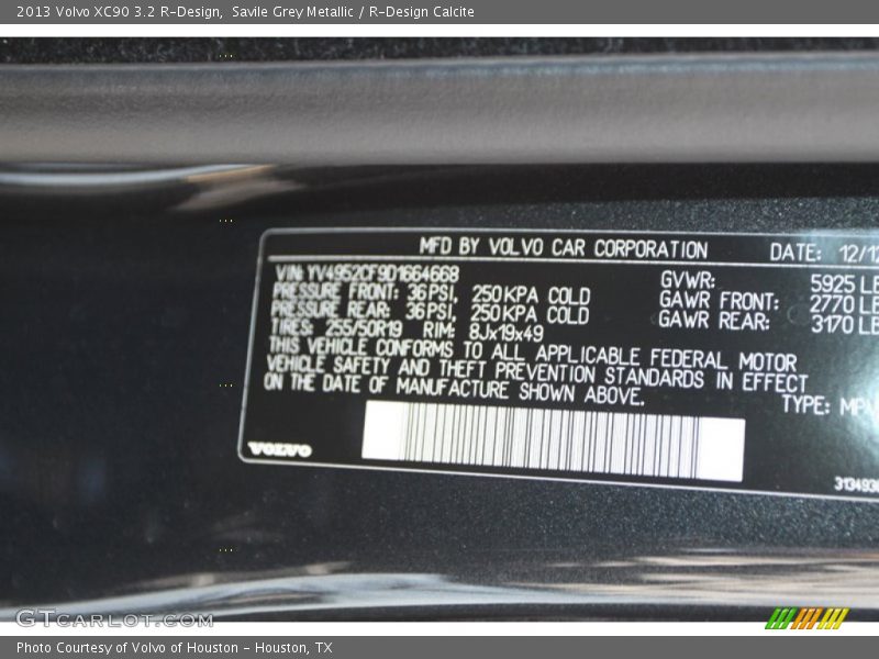 Savile Grey Metallic / R-Design Calcite 2013 Volvo XC90 3.2 R-Design