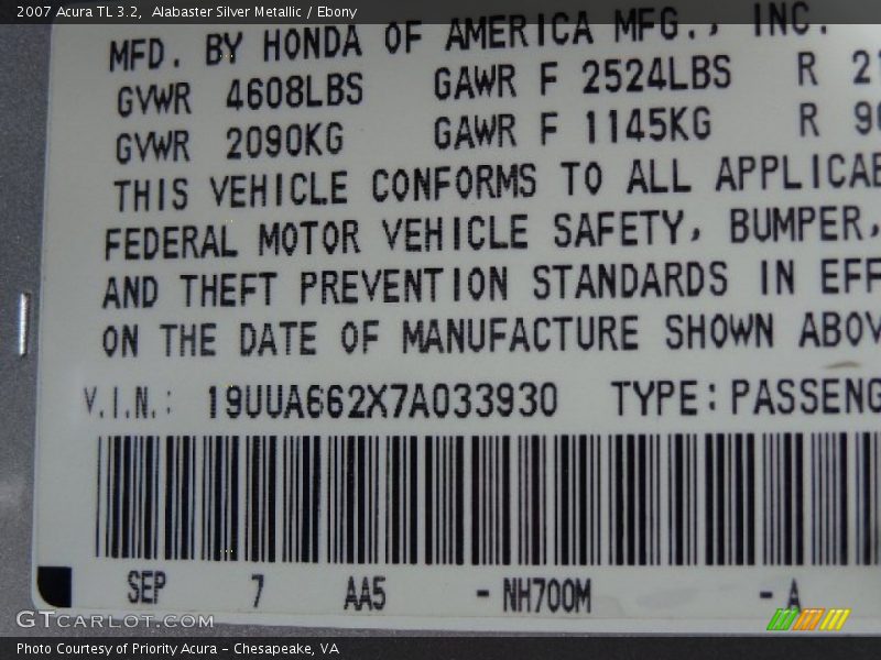 Alabaster Silver Metallic / Ebony 2007 Acura TL 3.2