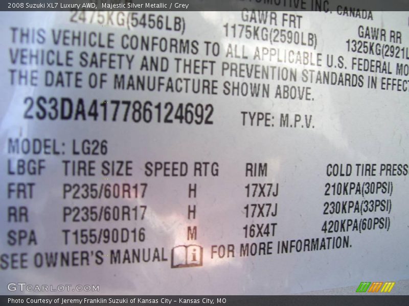 Majestic Silver Metallic / Grey 2008 Suzuki XL7 Luxury AWD