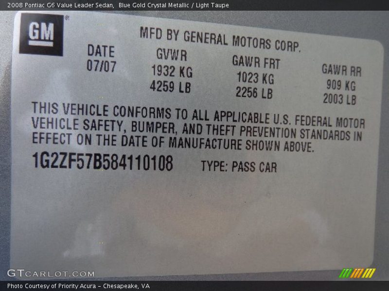 Blue Gold Crystal Metallic / Light Taupe 2008 Pontiac G6 Value Leader Sedan