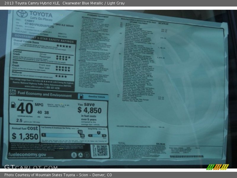 Clearwater Blue Metallic / Light Gray 2013 Toyota Camry Hybrid XLE