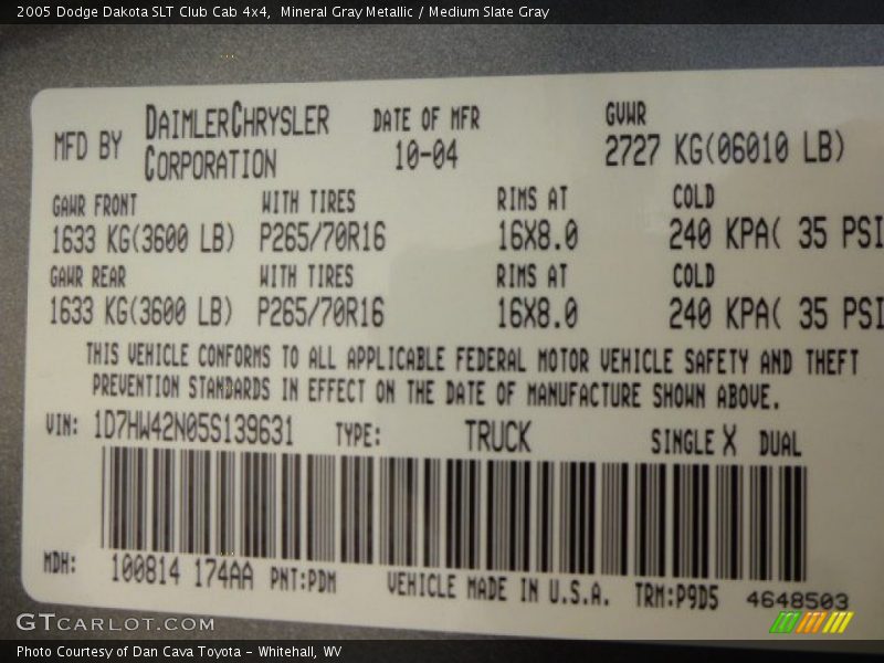 Mineral Gray Metallic / Medium Slate Gray 2005 Dodge Dakota SLT Club Cab 4x4