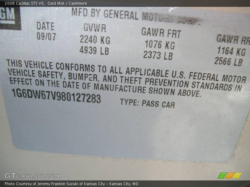 Gold Mist / Cashmere 2008 Cadillac STS V6