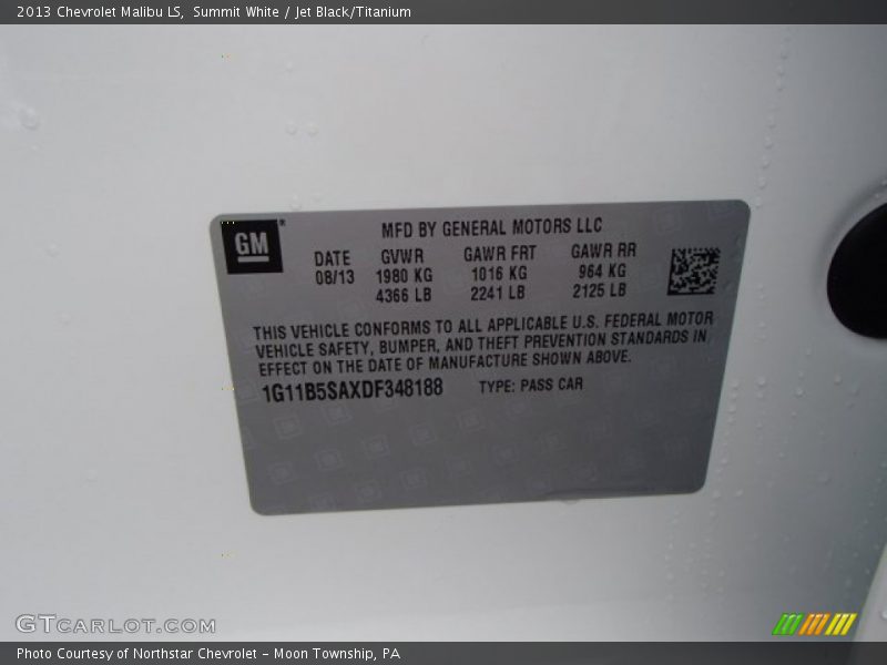 Summit White / Jet Black/Titanium 2013 Chevrolet Malibu LS