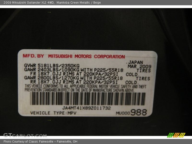 Manitoba Green Metallic / Beige 2009 Mitsubishi Outlander XLS 4WD