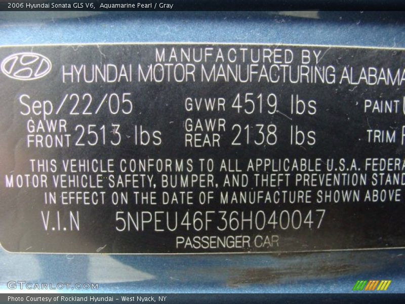 Aquamarine Pearl / Gray 2006 Hyundai Sonata GLS V6