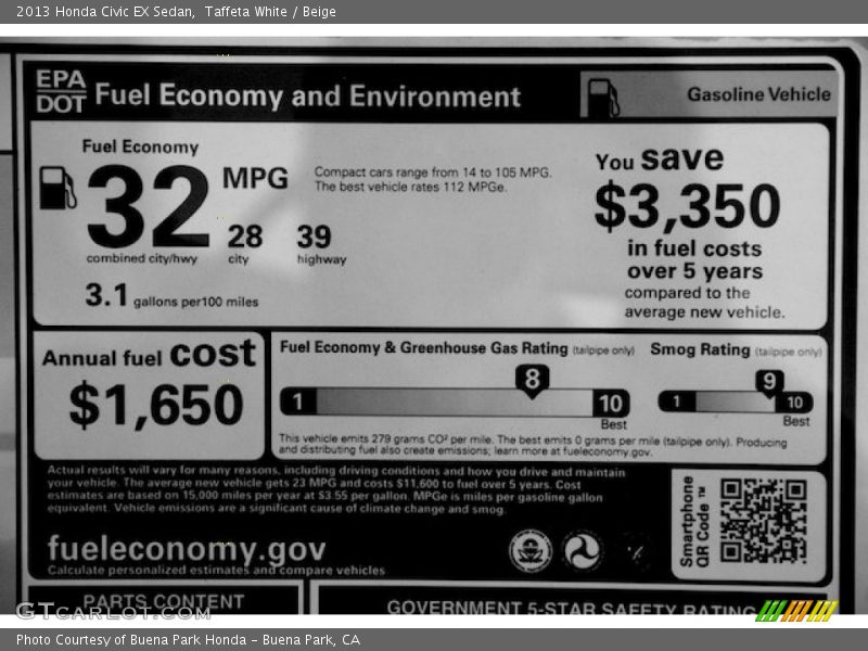 Taffeta White / Beige 2013 Honda Civic EX Sedan