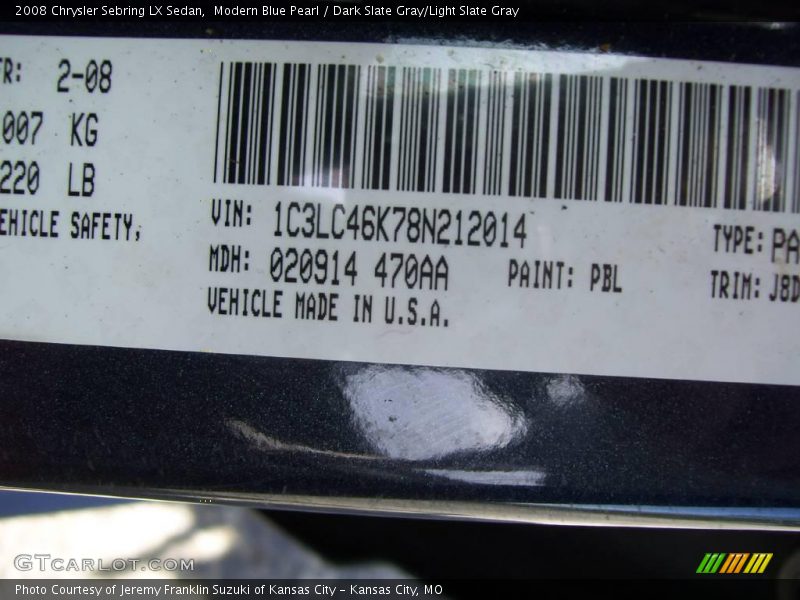 Modern Blue Pearl / Dark Slate Gray/Light Slate Gray 2008 Chrysler Sebring LX Sedan