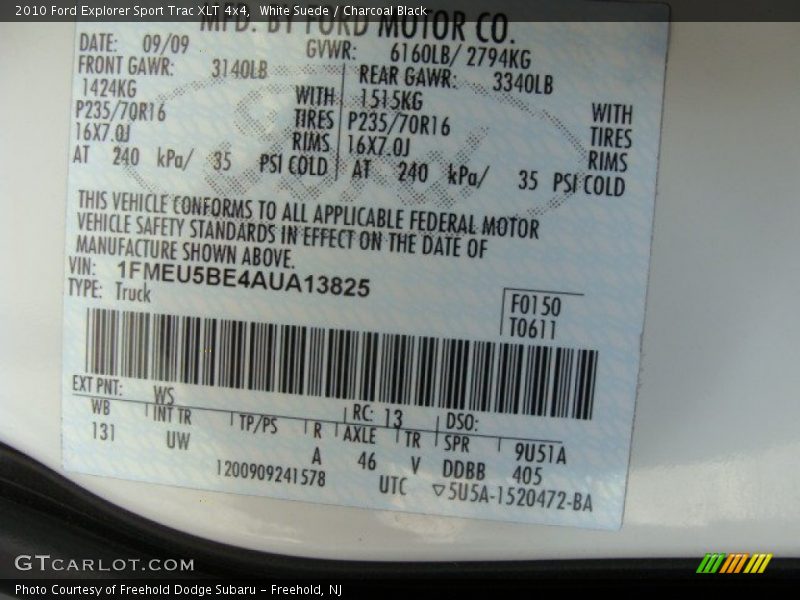 White Suede / Charcoal Black 2010 Ford Explorer Sport Trac XLT 4x4