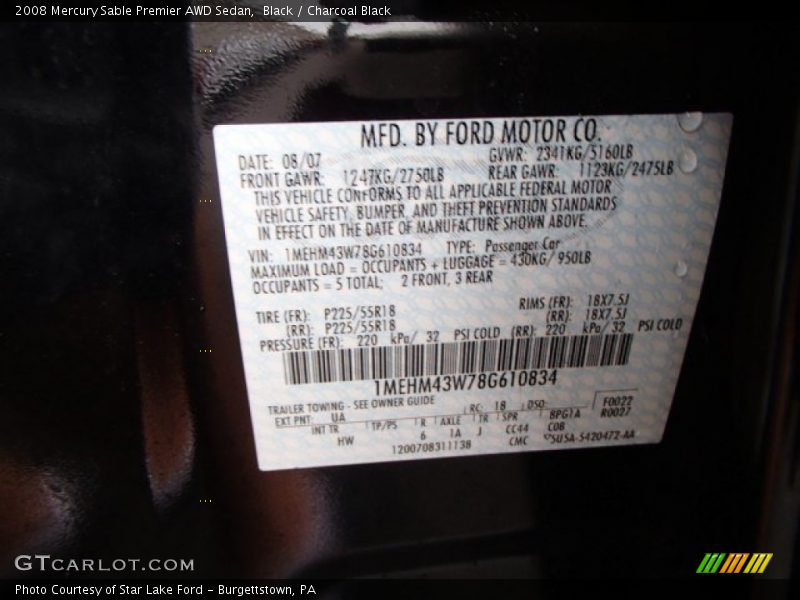 Black / Charcoal Black 2008 Mercury Sable Premier AWD Sedan